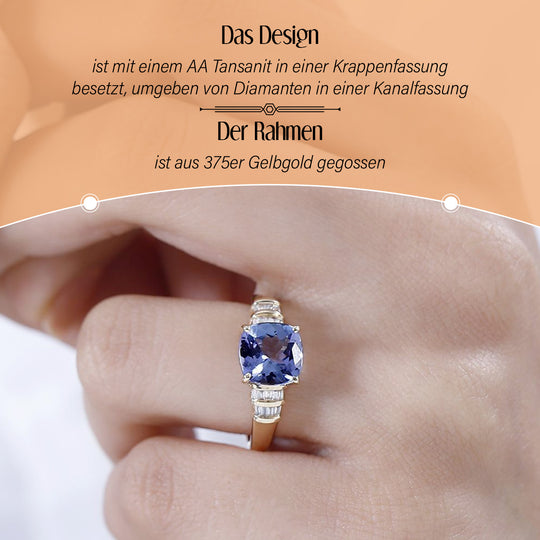Premium Tansanit, Weißer Diamant Ring 375 Gold (Größe 19.00) ca. 2.31 ct