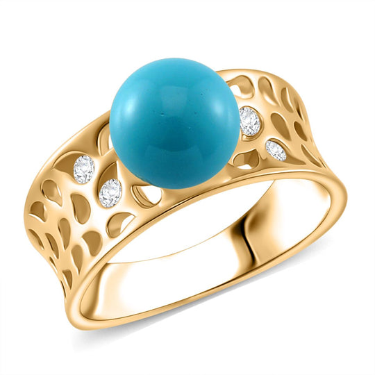Sleeping Beauty Türkis farbe Muschelperle, Moissanit Ring 925 Silber 750 Gelbgold Vermeil (Größe 19.00)