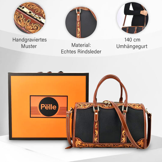 GRAND PELLE Elite Kollektion - Exklusive Handgravierte Leder-Handtasche mit Floralem Meisterwerk, 35 x 21 x 15 cm, Taubengrau