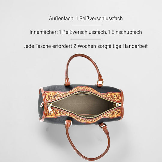 GRAND PELLE Elite Kollektion - Exklusive Handgravierte Leder-Handtasche mit Floralem Meisterwerk, 35 x 21 x 15 cm, Taubengrau