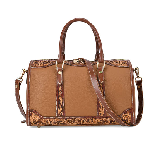 GRAND PELLE Elite Kollektion - Exklusive Handgravierte Leder-Handtasche mit Floralem Meisterwerk, 35 x 21 x 15 cm, Taubengrau