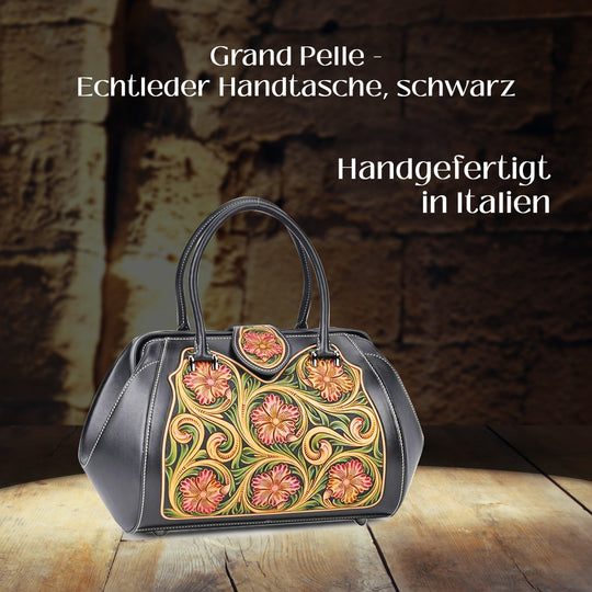 GRAND PELLE Elite Kollektion - Exklusive Handgravierte Lederhandtasche mit Floralem Meisterwerk, Größe 36 x 23 x 18 cm, rot