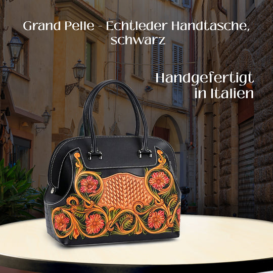Grand Pelle Elite Kollektion- Handgravierte Westernstil Premium-Lederhandtasche im Handgepäckstil mit floralem Kunstwerk, Größe 28 x 25 x 15 cm, schwarz