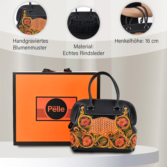 Grand Pelle Elite Kollektion- Handgravierte Westernstil Premium-Lederhandtasche im Handgepäckstil mit floralem Kunstwerk, Größe 28 x 25 x 15 cm, schwarz