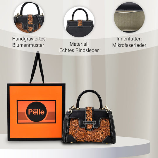 GRAND PELLE Elite Kollektion - Exklusive Handgravierte Leder-Satchelhandtasche mit Floralem Meisterwerk, Größe 23 x 16,5 x 9,5 cm, Hellgrün