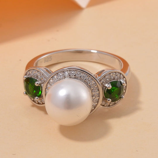 Weißer Muschelkernperle, Chromdiopsid und Zirkon Ring, 925 Silber platiniert