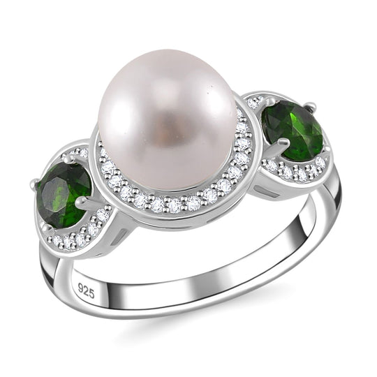 Weißer Muschelkernperle, Chromdiopsid und Zirkon Ring, 925 Silber platiniert