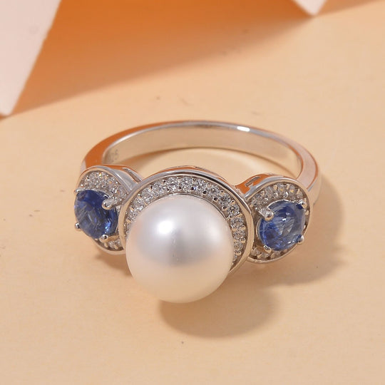 Weißer Muschelkernperle, Kyanit und Zirkon Ring, 925 Silber platiniert