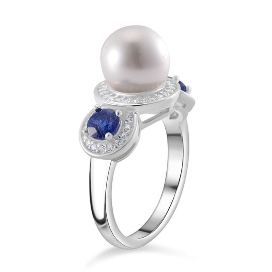 Weißer Muschelkernperle, Kyanit und Zirkon Ring, 925 Silber platiniert
