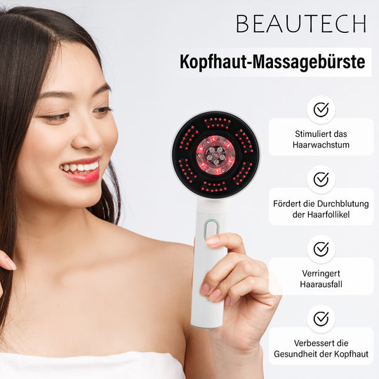BEAUTECH Kopfhaut-Massagebürste mit rotem Therapielicht, 3 Massagestufen, 620nm Rotlicht, 3ml Ölbehälter, 1500mAh Akku, Typ-C, tragbar, 22x8,5x6 cm, Weiß