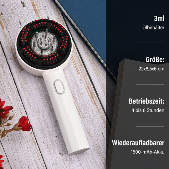 BEAUTECH Kopfhaut-Massagebürste mit rotem Therapielicht, 3 Massagestufen, 620nm Rotlicht, 3ml Ölbehälter, 1500mAh Akku, Typ-C, tragbar, 22x8,5x6 cm, Weiß