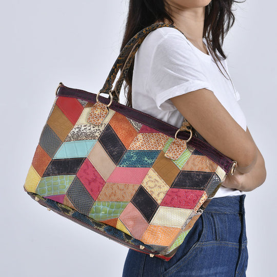 Chaos by Elsie - 100% Echtleder gewebter Tasche mit RFID schutz, 32 x 23 x 11 cm, Patchwork