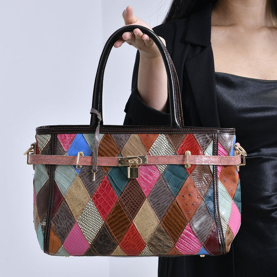 Chaos by Elsie - Echte Leder Umhängetasche mit RFID, Patchwork-Rhombenmuster und Krokodilprägung, 34 x 14 x 25 cm, Mattes Patchwork
