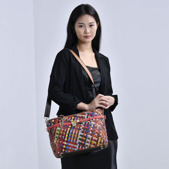 Chaos by Elsie - Echte Leder Tote Bag mit RFID und Mattem Webdesign, 34x14x25cm