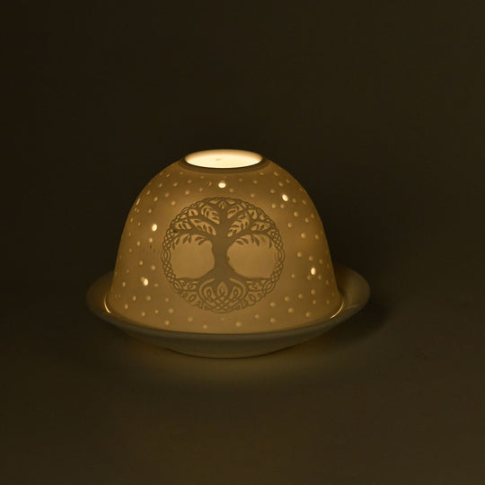 Tealight Candle Holder with LED light Pattern:Bethlehem Made in an unglazed white porcelain Size:Dia10.5xH7.5CM LED Battery: 2*CR2032 Weight:161g Color:white