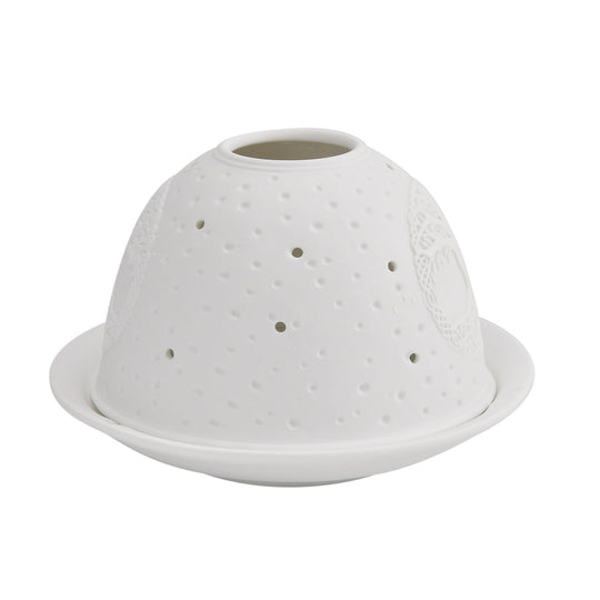 Tealight Candle Holder with LED light Pattern:Bethlehem Made in an unglazed white porcelain Size:Dia10.5xH7.5CM LED Battery: 2*CR2032 Weight:161g Color:white