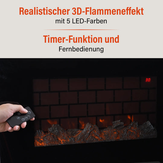 Elektrischer Wandkamin-Heizlüfter, Schwarz - Fernbedienung, 3D-Flammeneffekt, 5 LED-Farben, einstellbare Temperatur, Timer Überhitzungsschutz, langlebiges Metallgehäuse, 66 x 10 x 44 cm