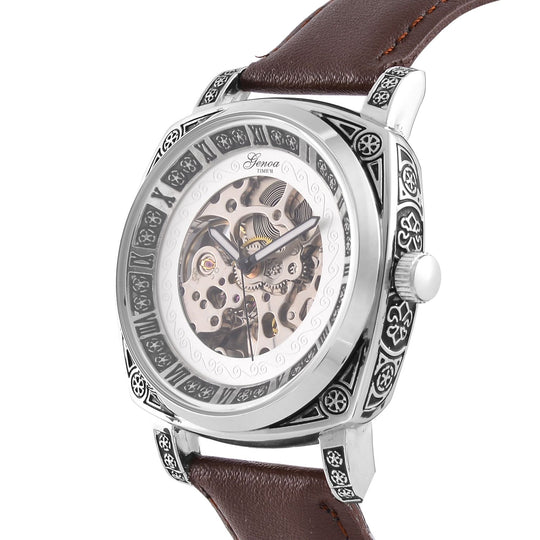 Genoa Time V2 Automatik-Uhr mit Mechanischem Uhrwerk, Goldfarbener Gravur und Schwarzem Lederarmband