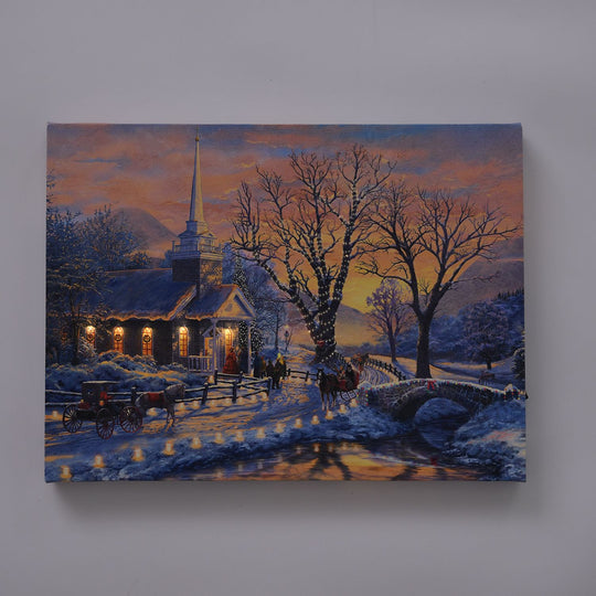 Winterliches Schloss im Lichterglanz - Leinwandbild mit LED-Beleuchtung, Größe: 30x40x1,8 cm, betrieben mit 1 AA-Batterie