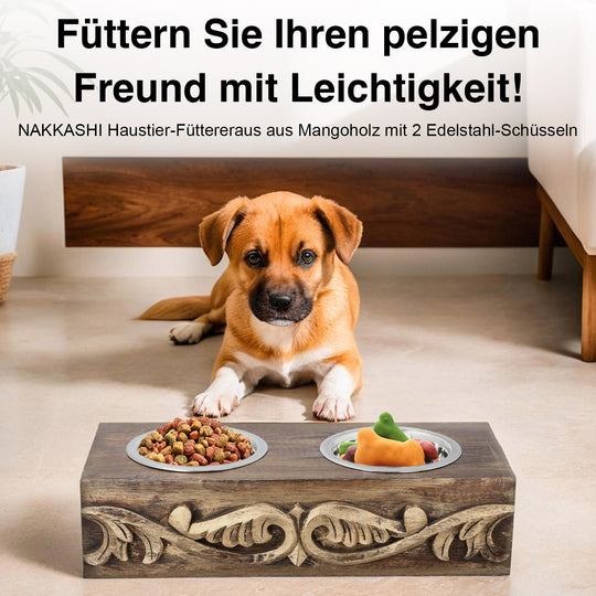 NAKKASHI handgeschnitzter Futternapf aus Mangoholz 48x20x12 cm, 316L Edelstahl -Schüsseln 16,5 x 6,5 cm, weiß