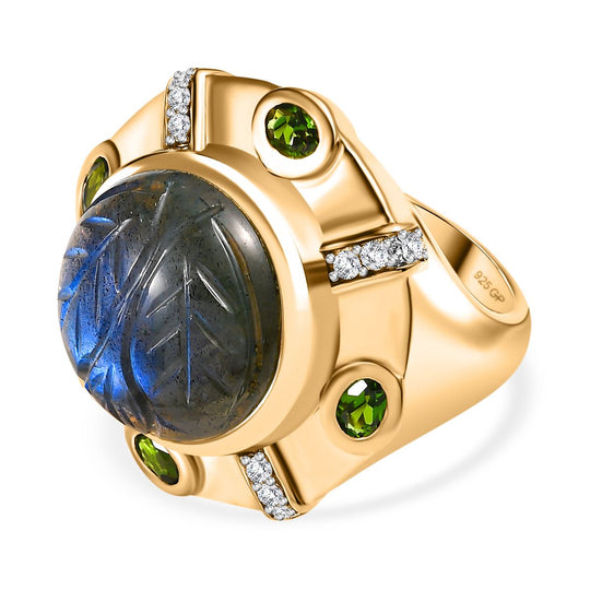 GP Italienische Garten Kollektion - Labradorit, Natürlicher Chromdiopsid Ring 925 Silber 750 Gelbgold Vermeil (Größe 19.00) ca. 13.06 ct