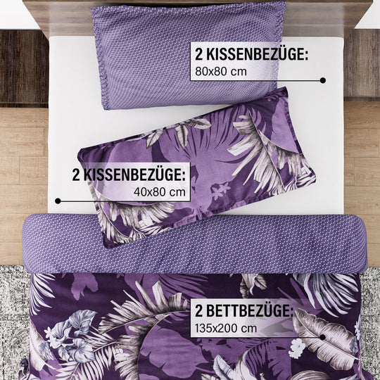 6-teiliges Bettwäsche-Set - bedruckter Floralmuster, Mikrofaser, Bettbezug 135x200 cm (2 Stück), Kissenbezug 40x80 cm (2 Stück) und 80x80 cm (2 Stück), Braun