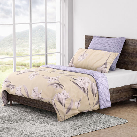 6-teiliges Bettwäsche-Set - bedruckter Floralmuster, Mikrofaser, Bettbezug 135x200 cm (2 Stück), Kissenbezug 40x80 cm (2 Stück) und 80x80 cm (2 Stück), Braun