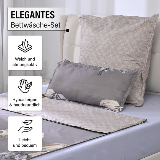 6-teiliges Bettwäsche-Set - bedruckter Floralmuster, Mikrofaser, Bettbezug 135x200 cm (2 Stück), Kissenbezug 40x80 cm (2 Stück) und 80x80 cm (2 Stück), Grau