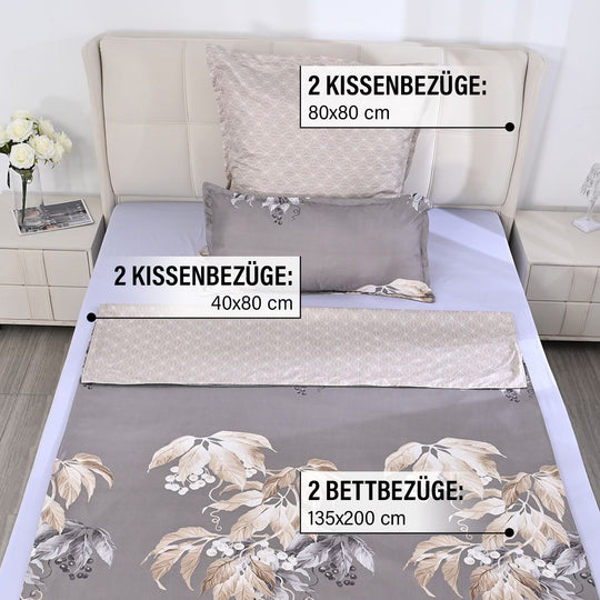 6-teiliges Bettwäsche-Set - bedruckter Floralmuster, Mikrofaser, Bettbezug 135x200 cm (2 Stück), Kissenbezug 40x80 cm (2 Stück) und 80x80 cm (2 Stück), Grau