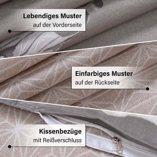 6-teiliges Bettwäsche-Set - bedruckter Floralmuster, Mikrofaser, Bettbezug 135x200 cm (2 Stück), Kissenbezug 40x80 cm (2 Stück) und 80x80 cm (2 Stück), Grau