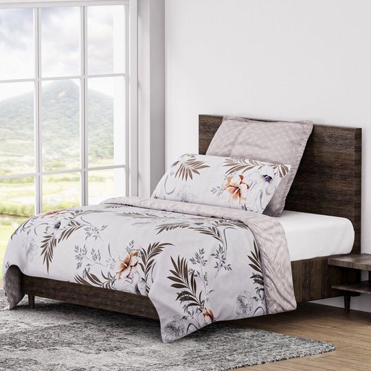 6-teiliges Bettwäsche-Set - bedruckter Floralmuster, Mikrofaser, Bettbezug 135x200 cm (2 Stück), Kissenbezug 40x80 cm (2 Stück) und 80x80 cm (2 Stück), Grau