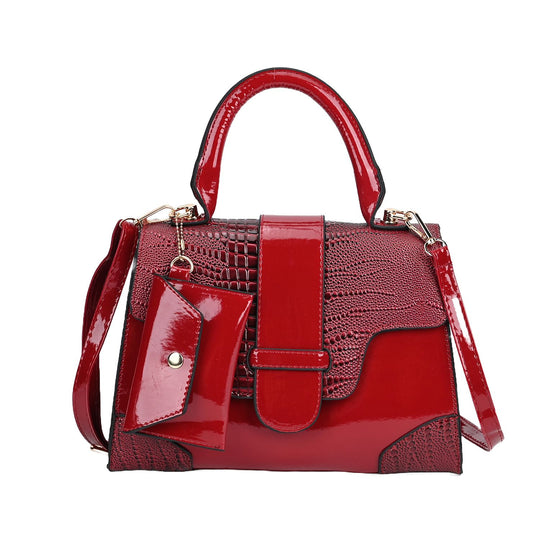 Premium PU Lackleder Handtasche mit Schlangen Prägung und extra Riemen, 28 x 19 x 11 cm, Rot