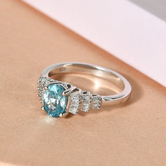 Kambodschanischer, blauer Zirkon und Diamant-Ring, 925 Silber platiniert (Größe 16.00) ca. 1,38 ct