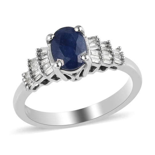 Masoala Saphir (Fissure gefüllt) und Diamant Ring 925 Silber platiniert (Größe 20.00) ca. 1,35 ct