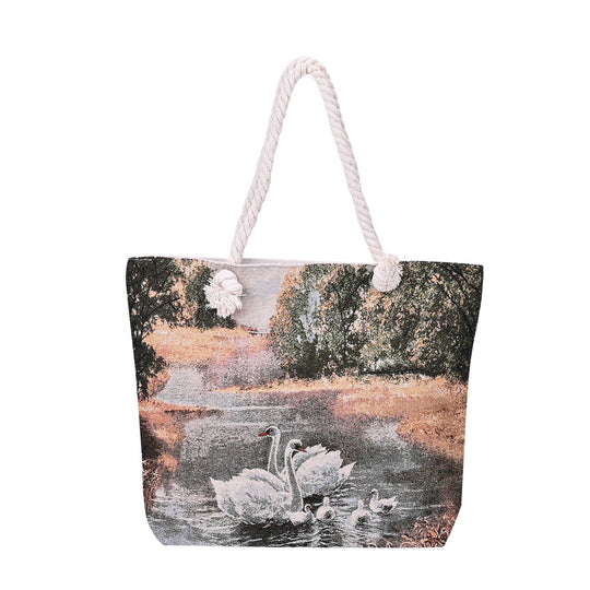 Große Lifestyle-Tragetasche Beige mit Rosa Blumen-Print - Jute-Außenseite, 42x34x9x37cm