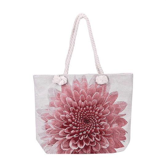 Große Lifestyle-Tragetasche Beige mit Rosa Blumen-Print - Jute-Außenseite, 42x34x9x37cm