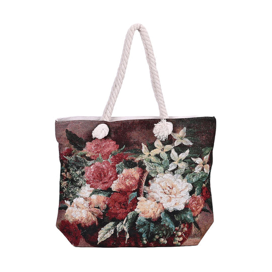 Große Lifestyle-Tragetasche Beige mit Rosa Blumen-Print - Jute-Außenseite, 42x34x9x37cm