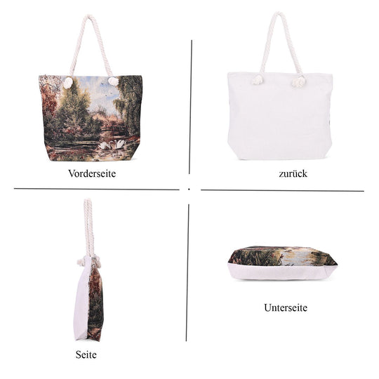 Jacquardgewebte Tasche aus Jute mit Futter, Reißverschluss und verstellbarer Kordel Riemen, 42 x 37 x 34 cm, Schwäne