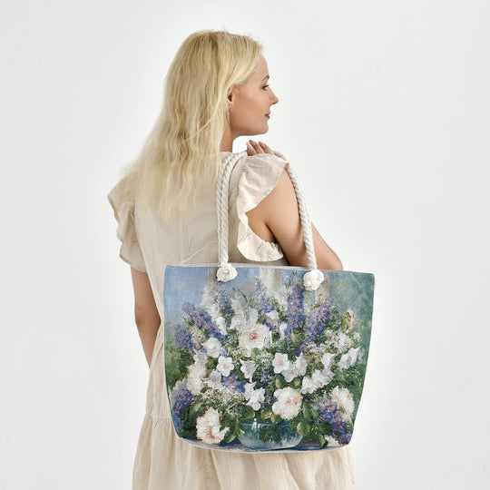 Große Lifestyle-Tragetasche Beige mit Rosa Blumen-Print - Jute-Außenseite, 42x34x9x37cm