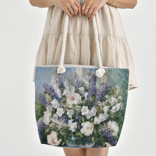 Große Lifestyle-Tragetasche Beige mit Rosa Blumen-Print - Jute-Außenseite, 42x34x9x37cm