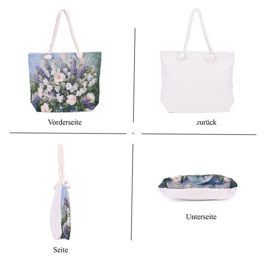 Große Lifestyle-Tragetasche Beige mit Rosa Blumen-Print - Jute-Außenseite, 42x34x9x37cm