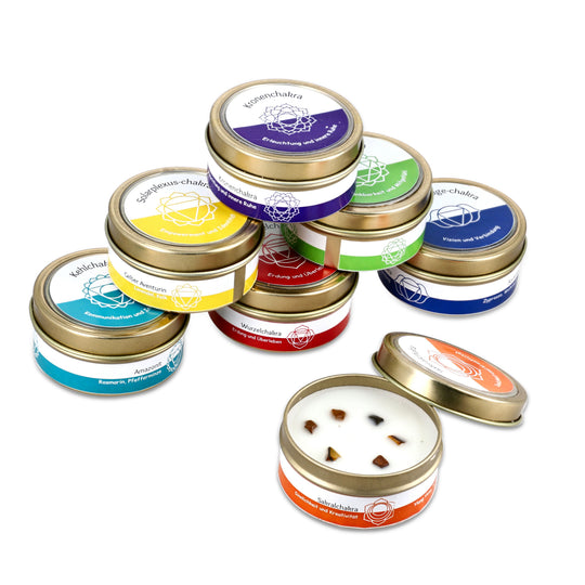 7er Set Chakra Duftkerzen - Mit Edelsteinen, Aromatherapie, Vanille, Jasmin, Rose und Zitronengras, 45 g, 10 Std. Brenndauer