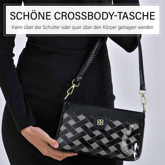 Stylische Sling-Umhängetasche mit schwarzem Karo-Design, vielseitigem Gurt und praktischen Fächern, 26x10x15 cm, Schwarz