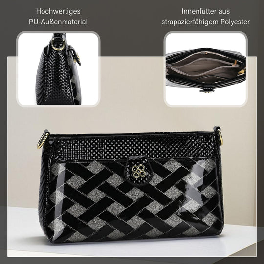 Stylische Sling-Umhängetasche mit schwarzem Karo-Design, vielseitigem Gurt und praktischen Fächern, 26x10x15 cm, Schwarz