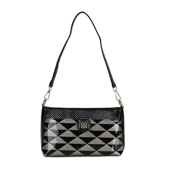 Stylische Sling-Umhängetasche mit schwarzem Karo-Design, vielseitigem Gurt und praktischen Fächern, 26x10x15 cm, Schwarz