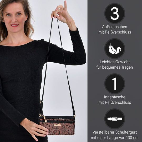 Sling Crossbody Bag, Stylische Silber-Umhängetasche, 3 Reißverschlussfächer, Vielseitiger 130 cm Gurt, PU-Außenseite, 100% Polyester-Futter, Kompakte Größe 22x12 cm, Silber