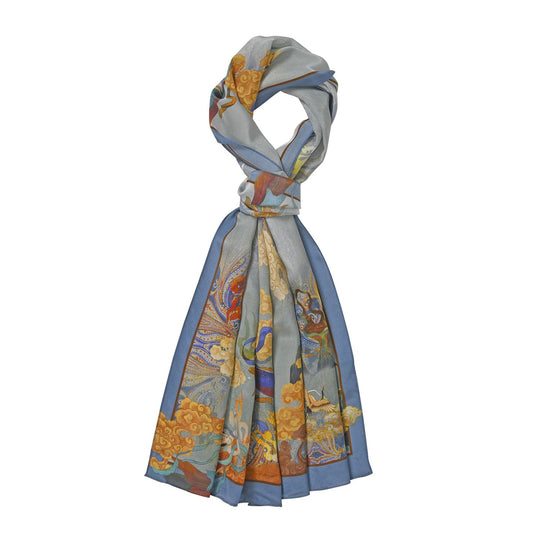LA MAREY: Premium Selection - 100% Maulbeerenseiden-Halstuch mit Päonien Druck, 35 x 150 cm, grün
