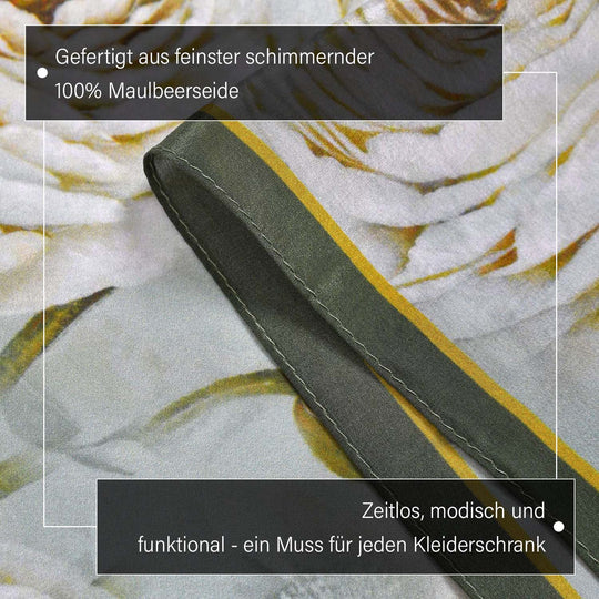 LA MAREY: Premium Selection - 100% Maulbeerenseiden-Halstuch mit Blumendruck, 35 x 150 cm, grau