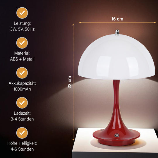 Designerlampe: Kabellos dimmbare Pilz-Tischlampe mit 3 Lichteinstellungen, weiß