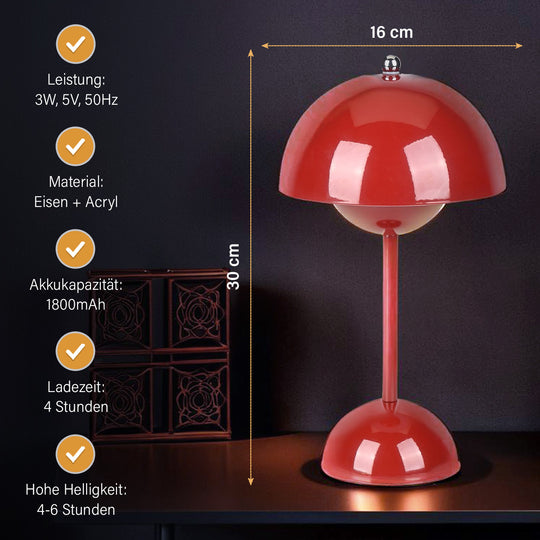 Kabellose Tischlampe - Minimalistisches Pilzdesign, Touch-Steuerung, tragbar mit 1800mAh-Akku für 4-6 Stunden, inkl. Typ-C-Kabel, 16 x 30 cm, weinrot
